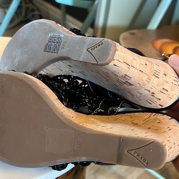 Prada, Black Wedge Sandals, leather 37.5 (US 7) - Picture 6 of 11